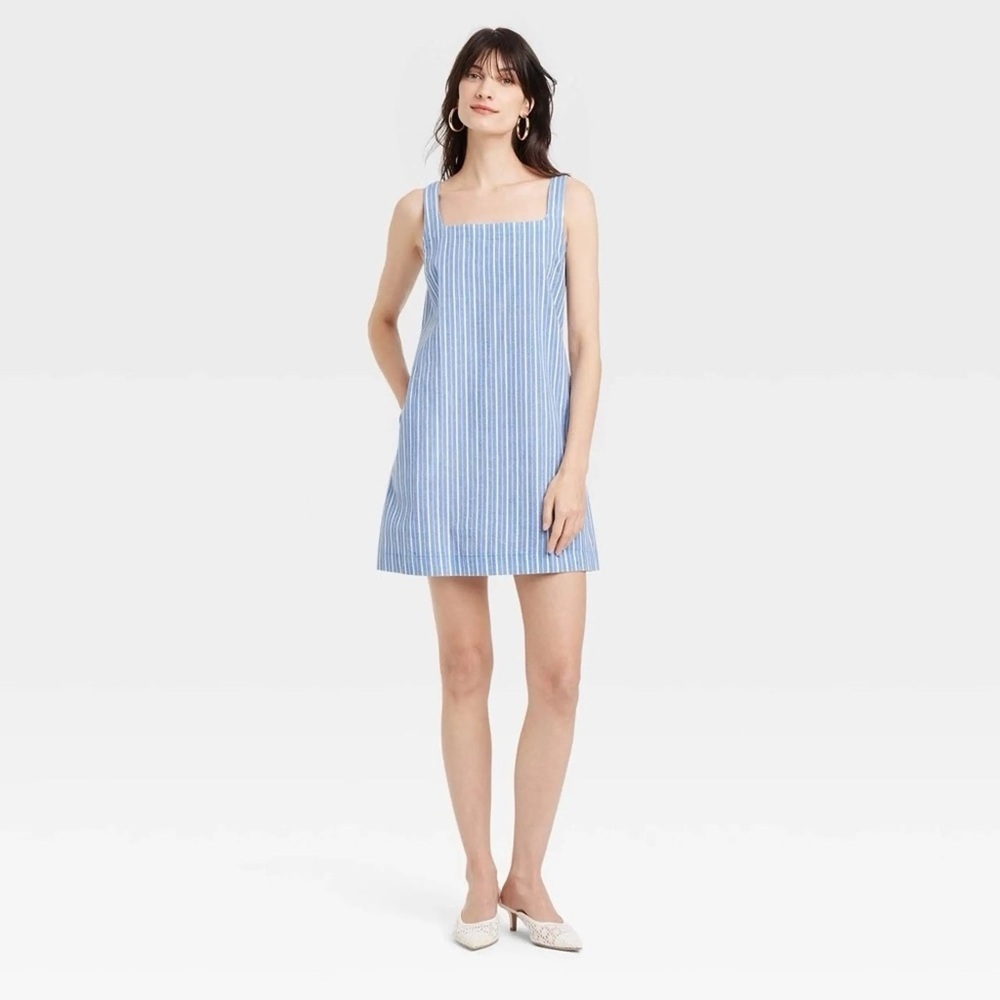 A New Day Blue & White Stripped Tank Mini Shift Dress with Pockets Size S NWOT